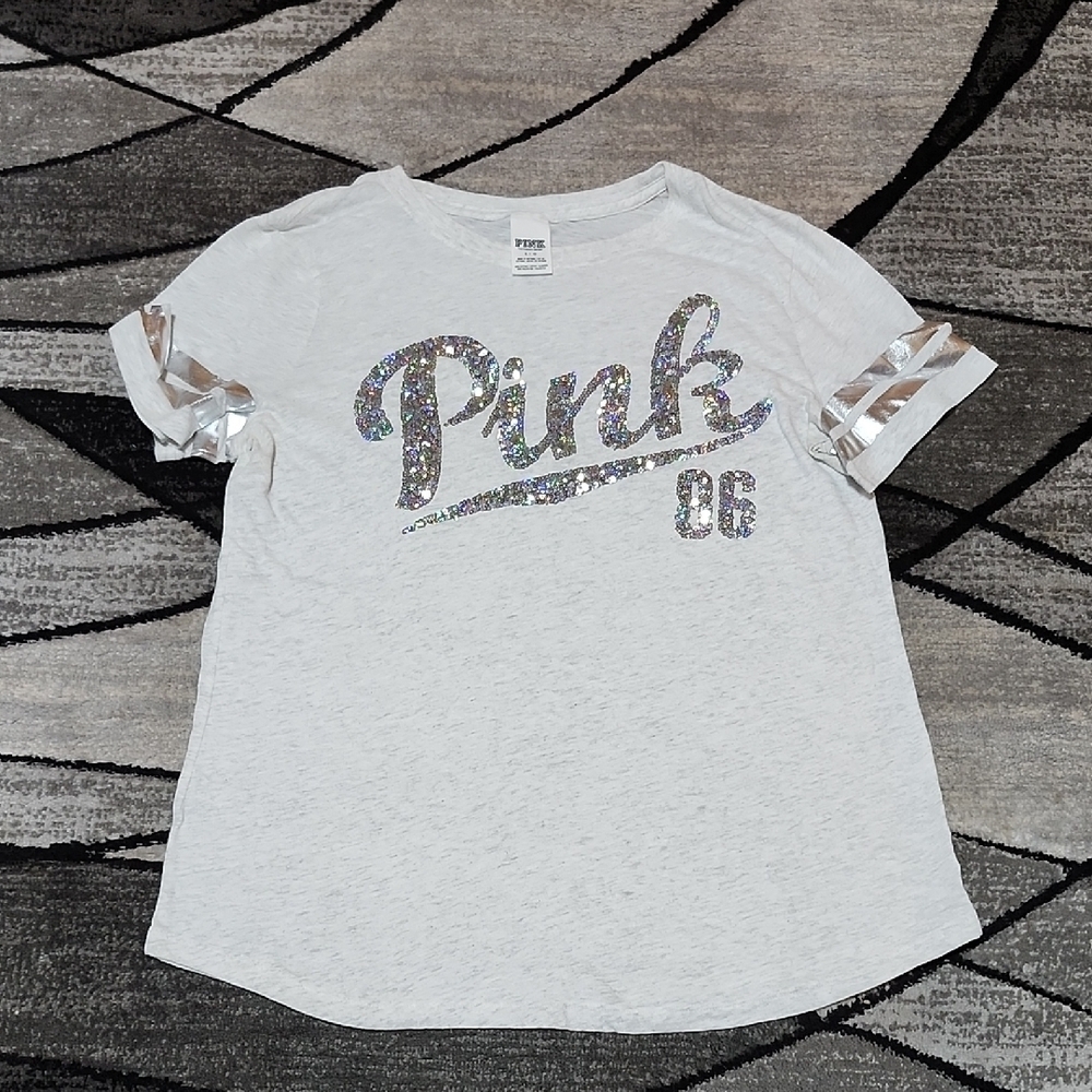 VS PINK 2014 IRIDESCENT SEQUINS SILVER SHINE TEE-SHIRT LARGE